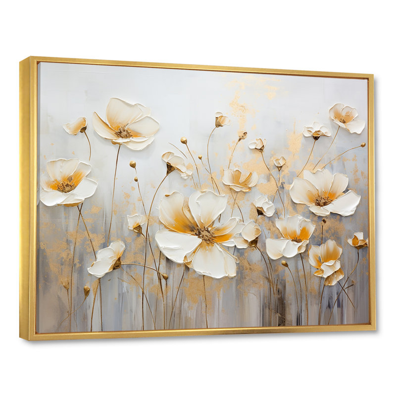 «White Buttercups On Beige Simplicity I», reproduction d'art sur toile, Cadre flottant doré, H 30 po x l 40 po