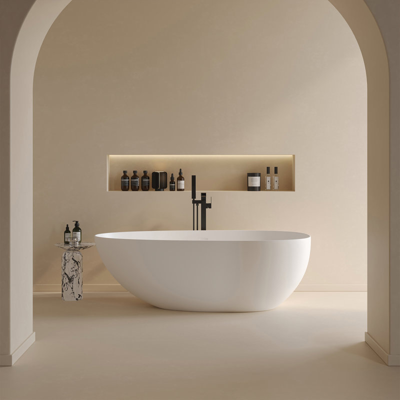 67 x 33.5 Freestanding Bathtub, Egg Shaped Stone Resin Freestanding Tubs, Solid Surface Matte White Soaking Tub with Overflow and Pop-up Drain