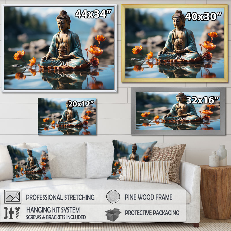 Art zen Bouddha tranquille en méditation II - Bouddhisme, Cadre flottant doré, H 24 po x l 32 po x P 1 po