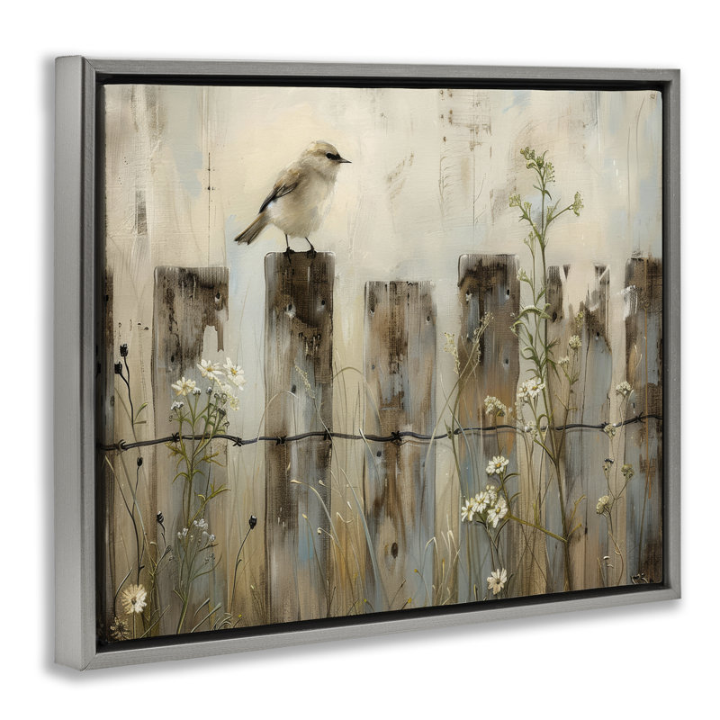  Art mural sur toile flottante avec clôture, oiseau perché à la campagne par Arlington Prints, H 25 po x l 31 po
