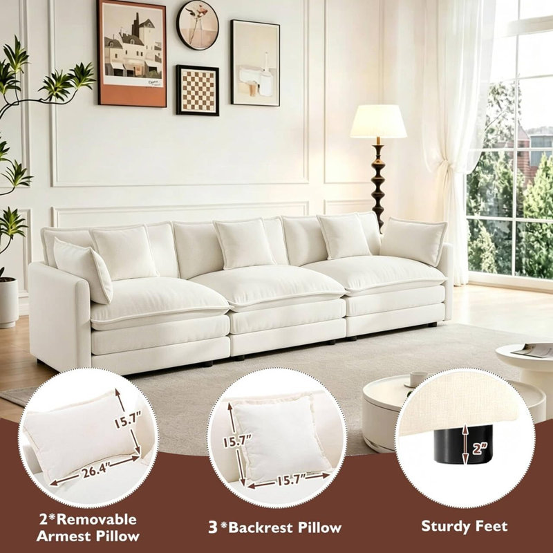 Canapé d'angle modulaire en chenille de 283 cm (111,4 po) avec pouf et coussin, blanc, 4 places, assise profonde et confortable, montage facile.