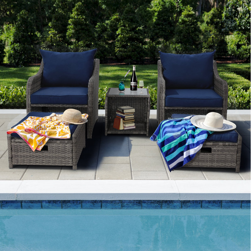 5 Piece Wicker Seating Group with Cushions, Navy Blue Cushion / Gray Frame
