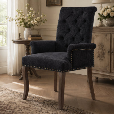 Fauteuil de salle à manger Ellvorn en chenille capitonnée, fauteuil d'appoint français rembourré avec dossier haut, pieds incurvés en bois massif, coussin en mousse et capacité de charge de 136 kg.