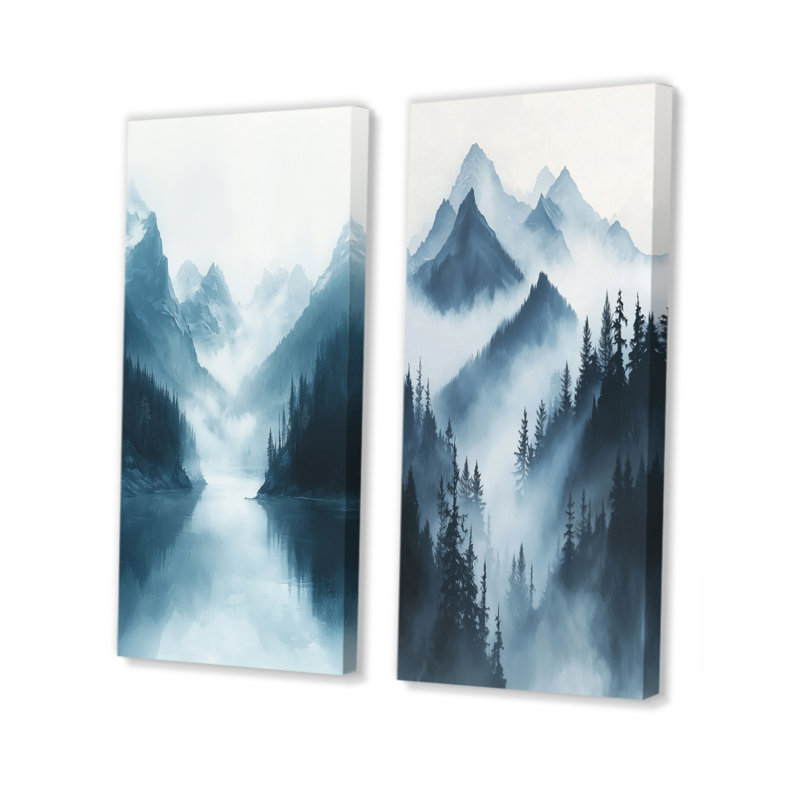 Winter Misty Peaks In The Morning I - Paysages, impressions sur toile, collection 2 panneaux, H 32 po x l 33 po, Toile tendue