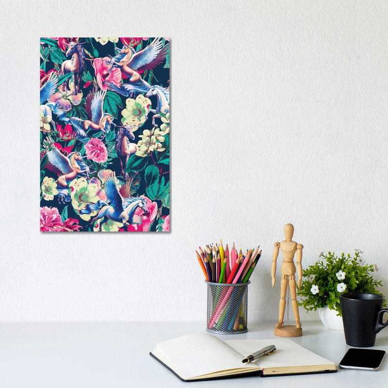 Unicorn and Floral Pattern 1 Piece Wrapped Canvas Wall Art, 20.32 cm H x 30.48 cm W