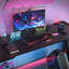 Black Gaming Desk LED Light Computer With Headphone Hook and Cup Holder Home Office Desk-903254758
