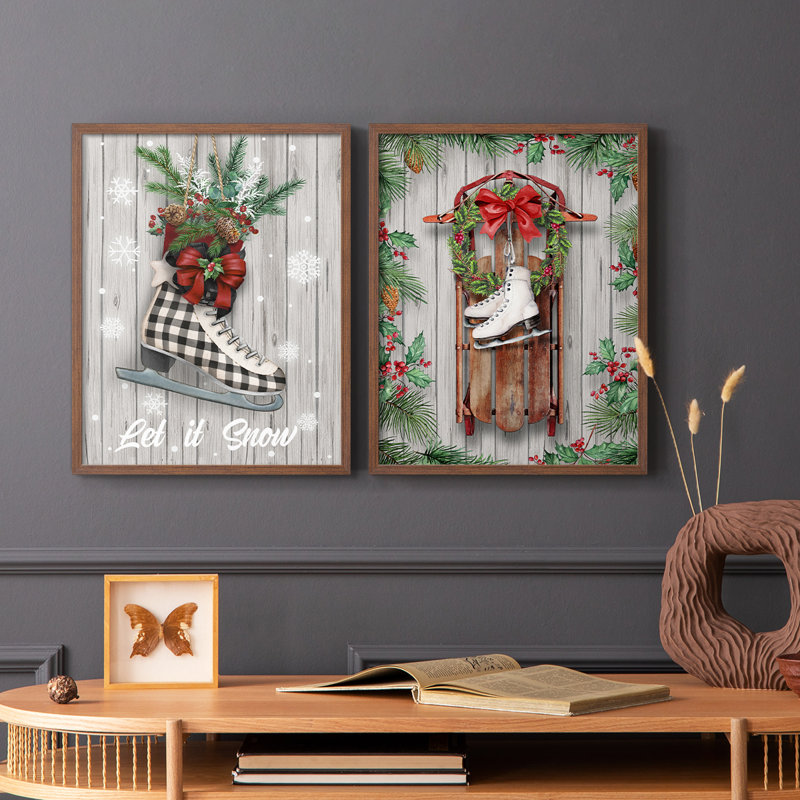 Patins de Noël - reproduction encadrée de qualité supérieure - prêt à être accroché - aucun clou requis - aucun clou requis