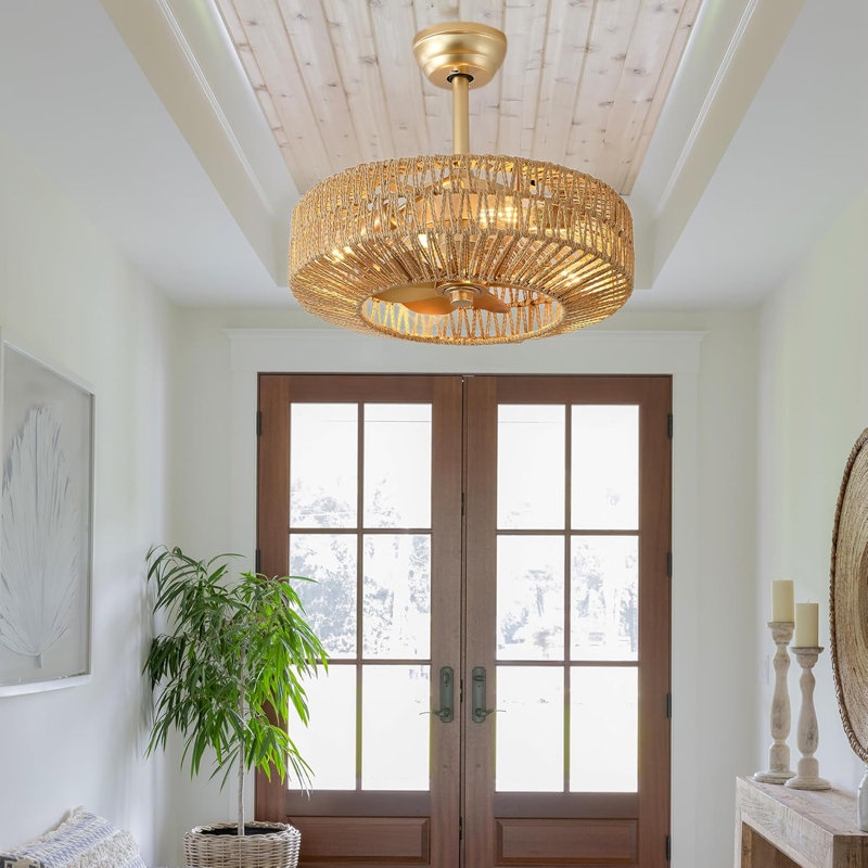 Ventilateur de plafond 20 pouces avec lumière Boho, 6 vitesses, télécommande, fonction minuterie, conception sans pales, or
