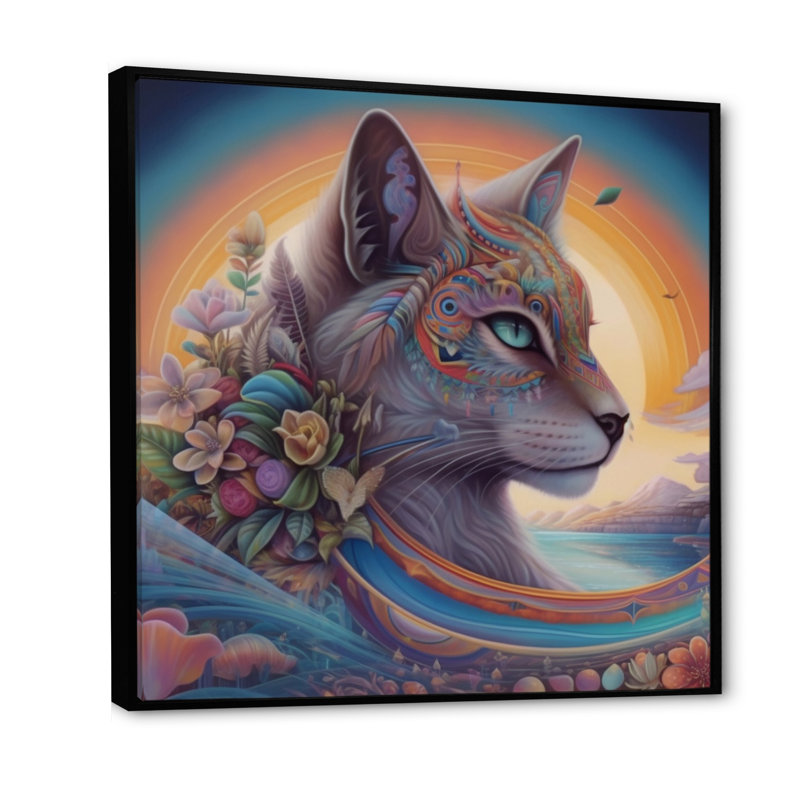 «Magical Rainbow Cat With Flowers I», reproduction sur toile, H 24 po x l 24 po x P 1 po, Cadre flottant noir