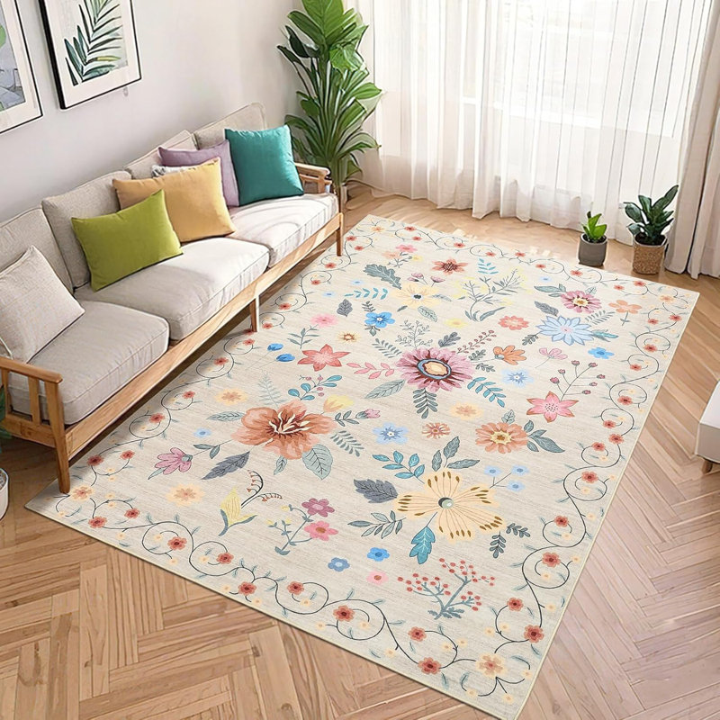Rug Kitchen Floral Rug for Hallway Bedroom, Soft Thin Indoor Low Pile Flower Carpet with Non Slip Backing, Rectangle 9' x 12'