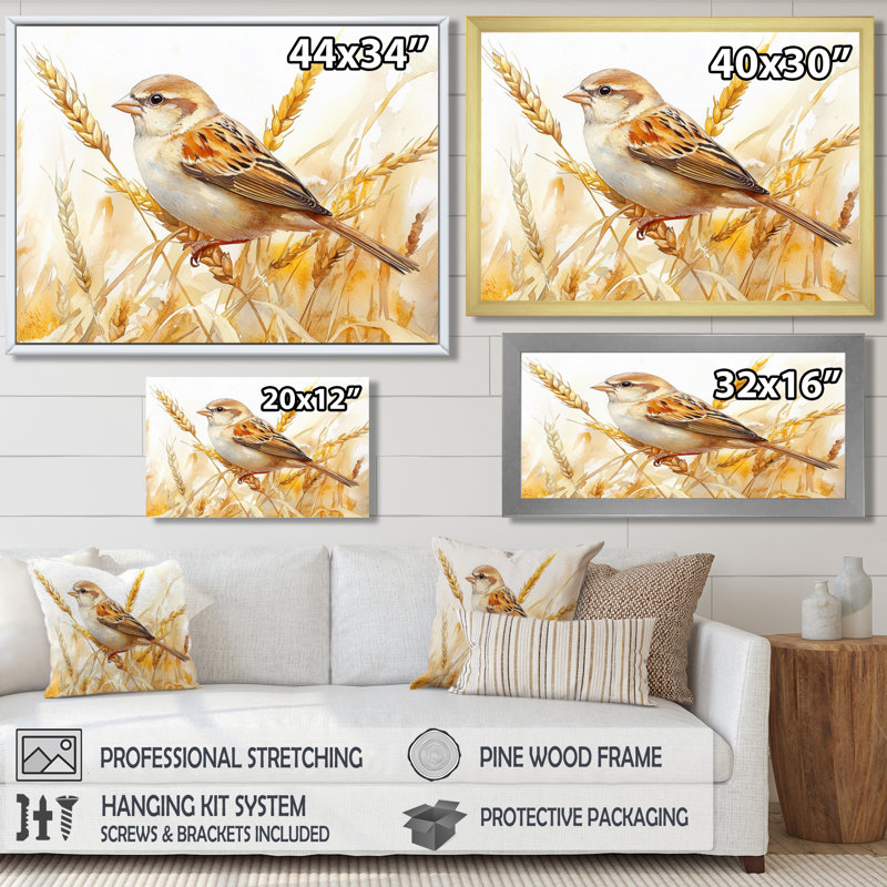 Moineau domestique, oiseau parmi les blés IV - art mural oiseau, H 12 po x l 20 po, Cadre flottant, Crème, crème