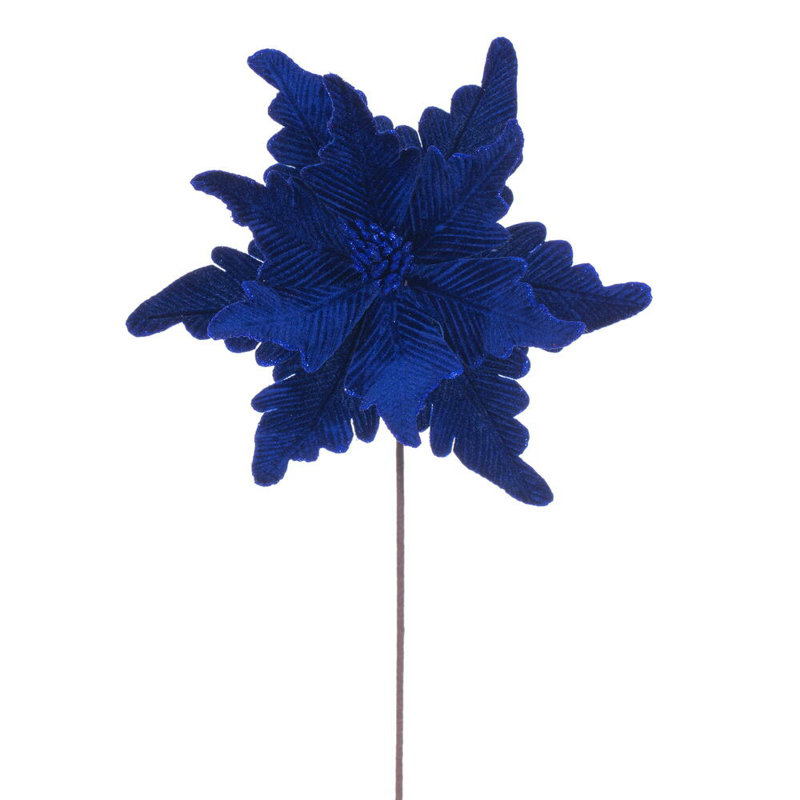 Vickerman 13" x 20" Deluxe Velvet Poinsettia Stem. It includes three pieces per bag., Blue