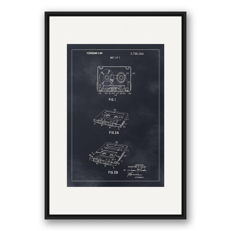 «Cassette Tape», brevet sur toile, H 37,75 po x l 25,75 po x P 1,75 po, Cadre flottant noir