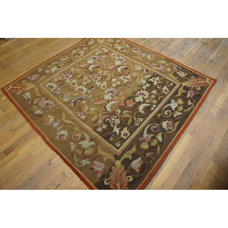 Brown Earth Tone Color Small Size Antique Square Shape Flat Woven Floral French Aubusson Rug