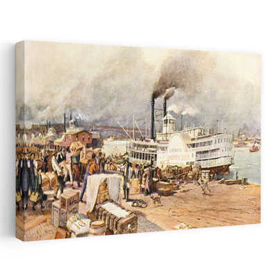 1870s ST. LOUIS MISSOURI MISSISSIPPI RIVER LEVEE LOADED WITH GOODS AND THE STEAMBOAT ROBERT E LEE AT DOCK by Nawrocki - Wrapped Canvas Print