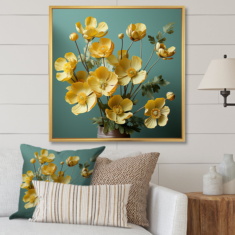 «Yellow Buttercups», impression réaliste sur toile, Cadre flottant doré, H 24 po x l 24 po x P 1 po