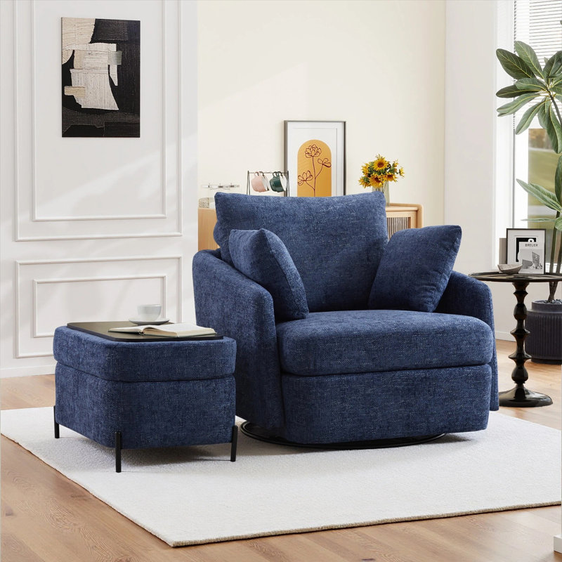 40.53" W Upholstered Swivel Accent Armchair With Storage Ottoman, Navy Chenille