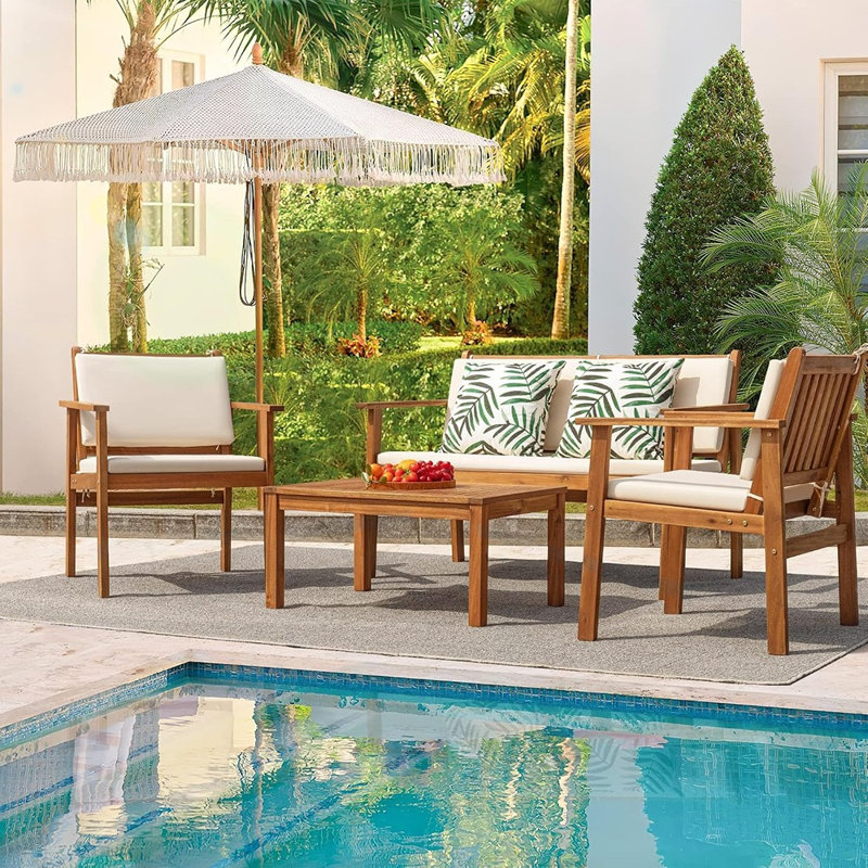 Ensemble de mobilier de patio 4 pièces en bois d'acacia, ensemble de sièges d'extérieur, fini naturel