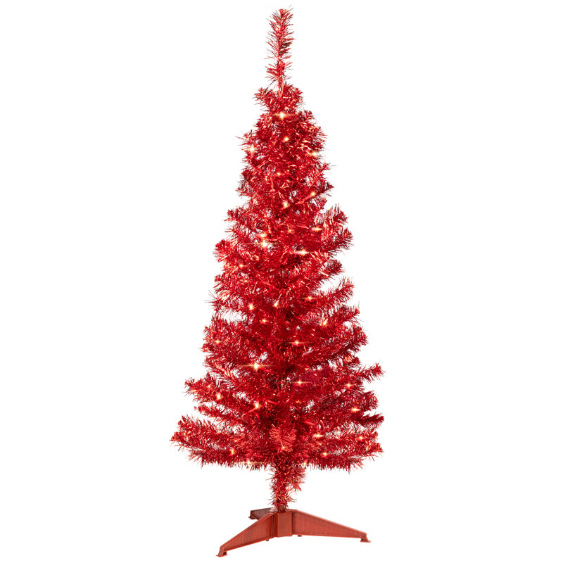 Pre-Lit Profile Artificial Tinsel Christmas Tree - Red, 4', Pre-Lit