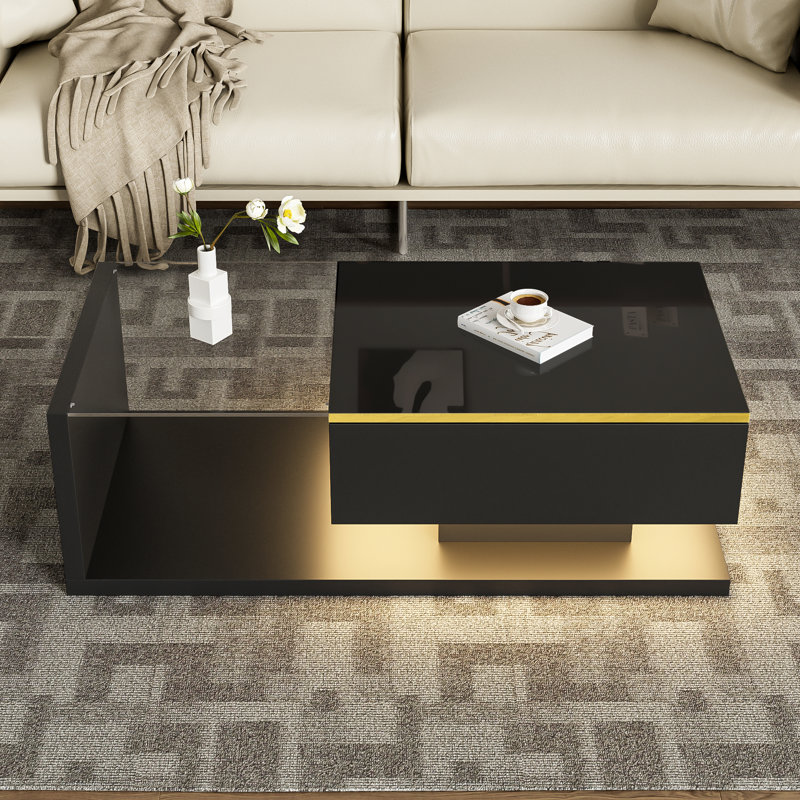 Modern Led Coffee Table - High-Gloss With Tempered Glass Top & Bluetooth Lighting (90X50Cm), Black