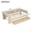 Lit plateforme simple en bois avec tablettes de rangement, tiroirs, station de charge et tête de lit tapissier, crème
