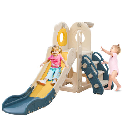 Freestanding Toddler Slide, 5 In 1 Kids Indoor Playset For Toddlers 1-3，L Shaped Slide With Basketball Hoop，Baby Climber For Indoor Outdoor For Boys A