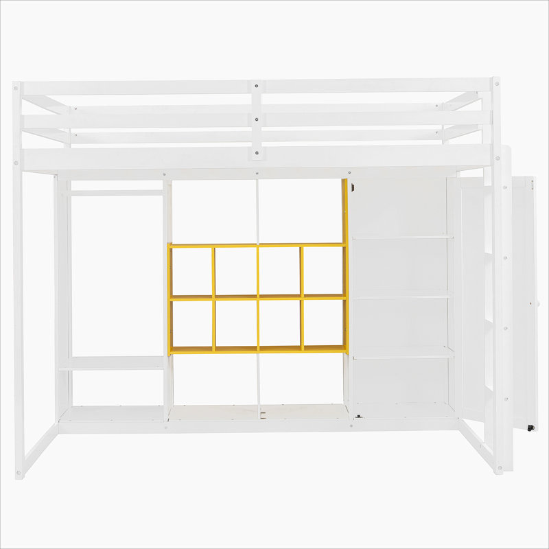 Lit mezzanine en bois avec garde-robe, tablettes et armoire, Jaune / Blanc, Double