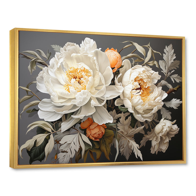 Pivoine beige parfumée II, H 16 po x l 32 po x P 1 po, Cadre flottant doré