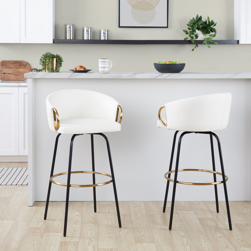 Tabouret de bar et de comptoir Laurenzio, Bar Stool (30” Seat Height), White, Black/Gold