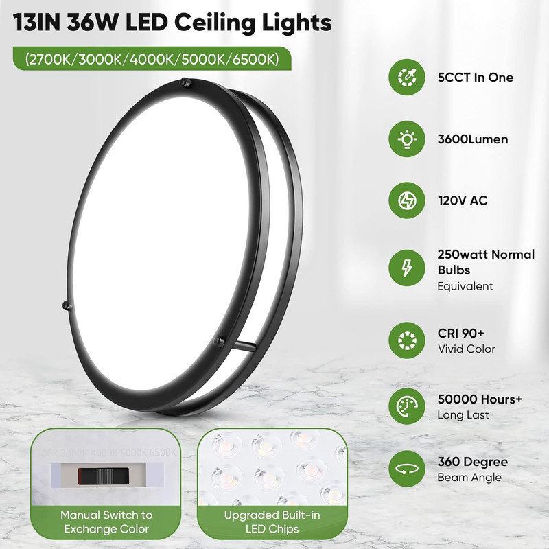 13" LED Flush Mount Ceiling Light Fixture, 3600LM, Modern Ceiling Light, Black Dimmable Ceiling Lamp for Living Room Kitchen,1 Pack