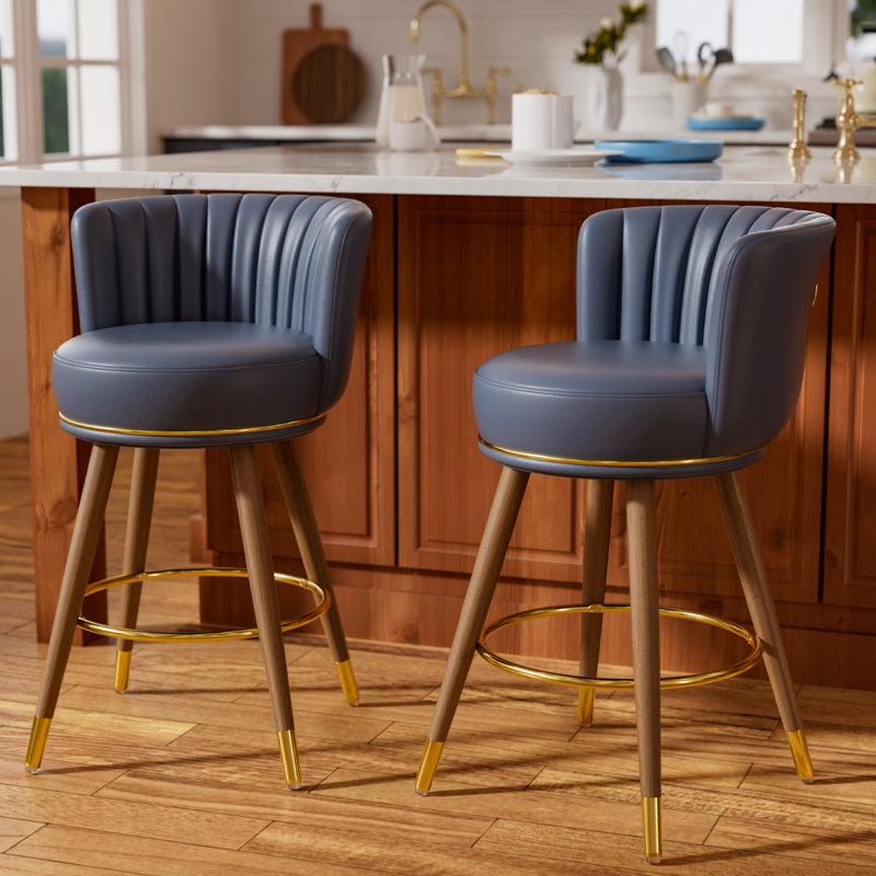 Anneli 26'' Swivel Counter Height Bar Stools Set of 2, Blue Counter Stools with Backs and Wood Legs for Kitchen Island, 2