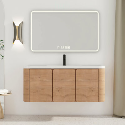 Meuble-lavabo mural de 122 cm (48 po) avec lavabo en résine et 3 portes à fermeture douce, design écologique et peu encombrant