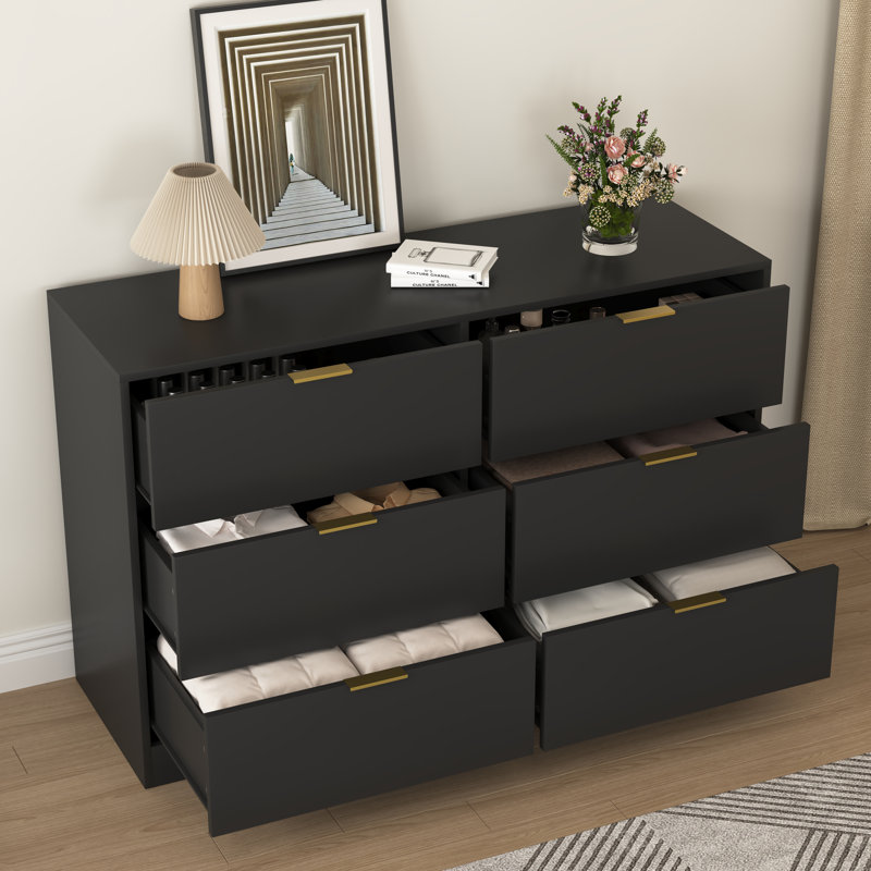 47"W 6-Drawer Dresser Cabinet Chest Of Drawer With Gold Handle, Black