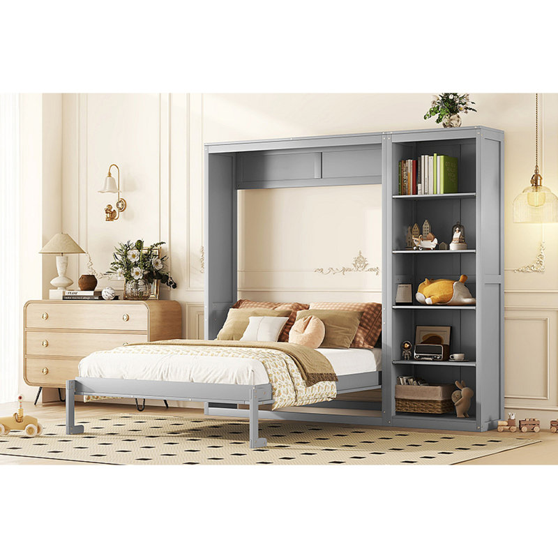 Grand lit escamotable mural avec tablettes, Gris