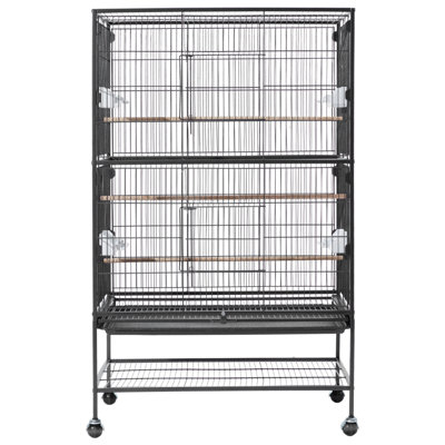 52 inch Metal 1-Piece Bird Cage Black with Flat Top, Perches, Slide-Out Tray, and Casters