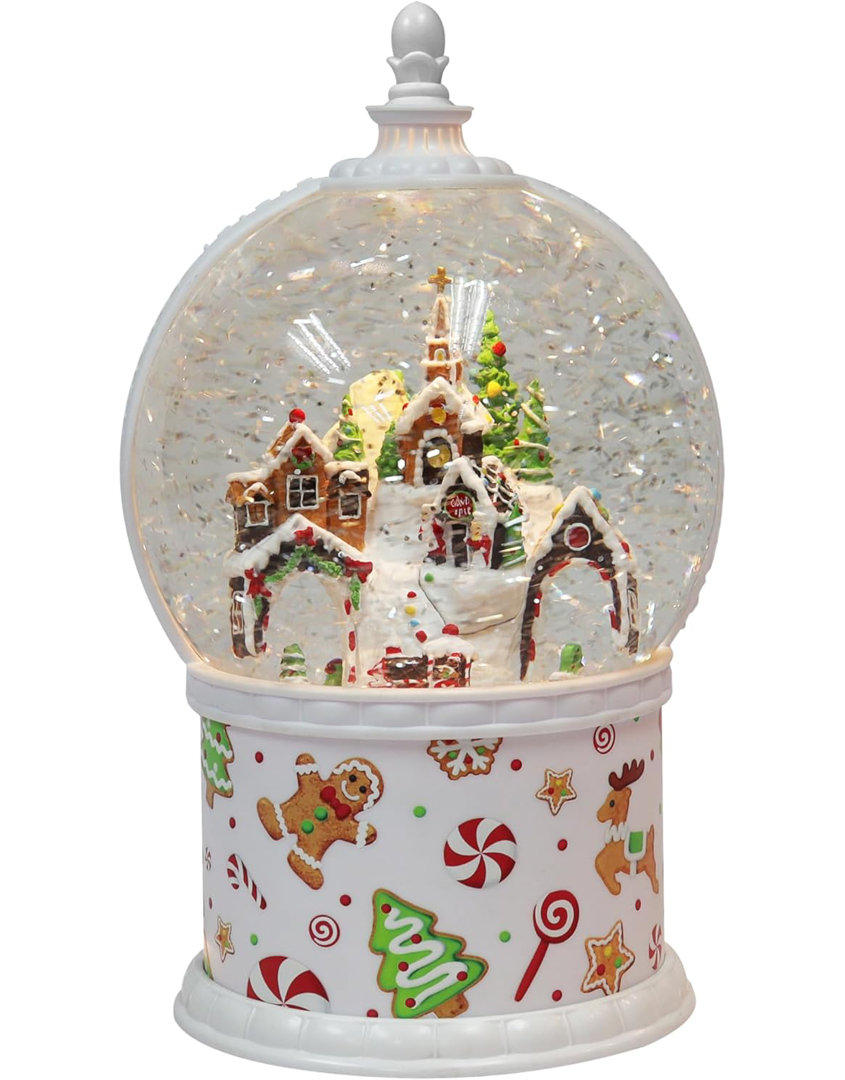 11.7“H Acrylic Gingerbread Globe - LED Lights, Water Spinning Glitter, Battery - Hand-Painted Resin Moments in Time