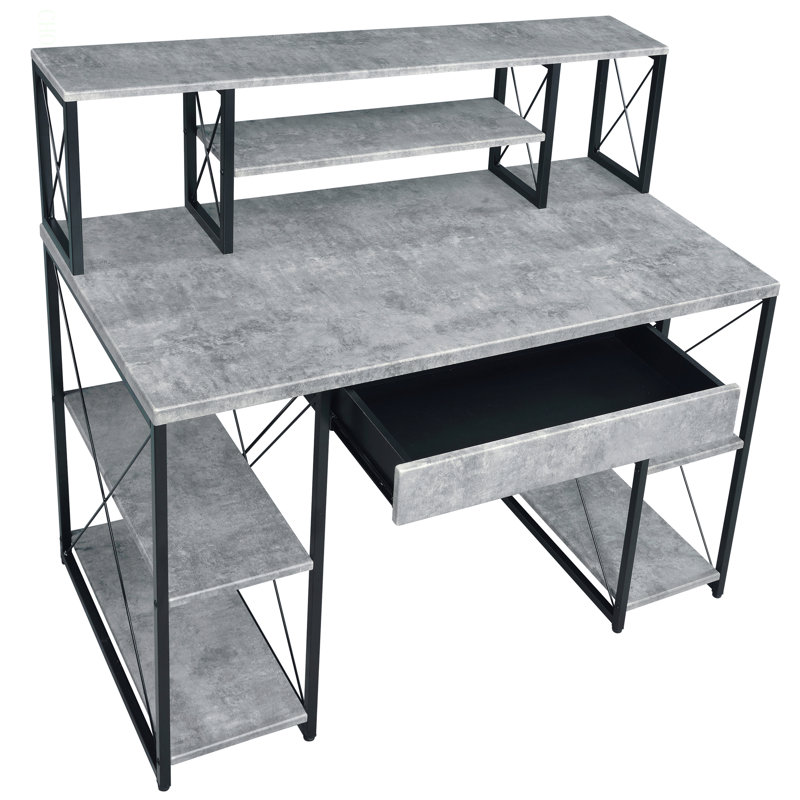 Bureau avec tablettes ouvertes et huche, Gris