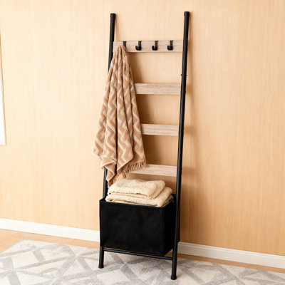 Rustic Blanket Ladder With Storage Basket And Hooks, Multi-Functional Towel And Blanket Holder Rack For Bathroom And Living Room, Decorative Drying And Display Shelf