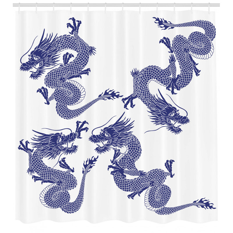 Rideau de douche à imprimé simple japonais dragons sur blanc vitaux cité légendaire Yahya, H 70 po x l 69 po