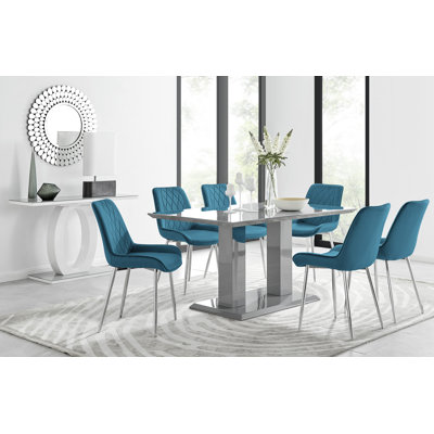 Edzard Double Pedestal High Gloss Dining Table Set with 6 Luxury Velvet Dining Chairs