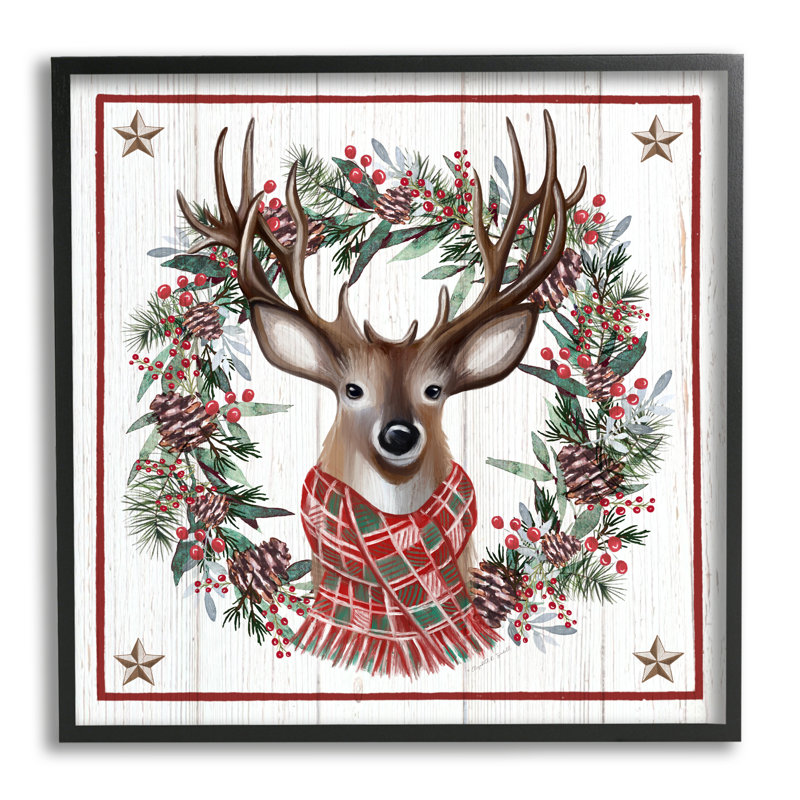 Rustic Holly Pinecone Wreath Border Reindeer Scarf Black, estampe numérique encadrée, art texturé par Elizabeth Tyndall