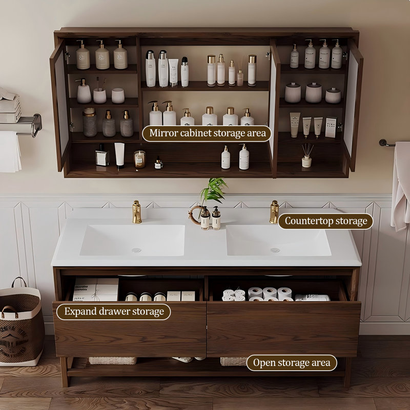 Meuble-lavabo autoportant 47,24 po en chêne massif blanc et brun avec miroir