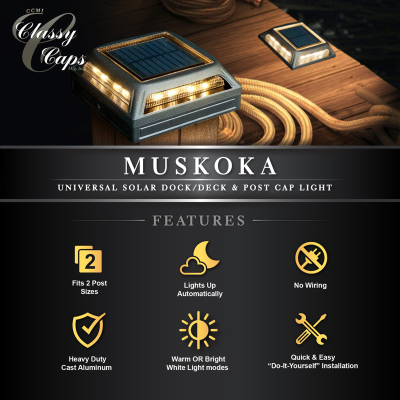 Muskoka Black Solar Powered Integrated LED Fence Post Cap 4 in. x 4 in. with Base Adapter Included
