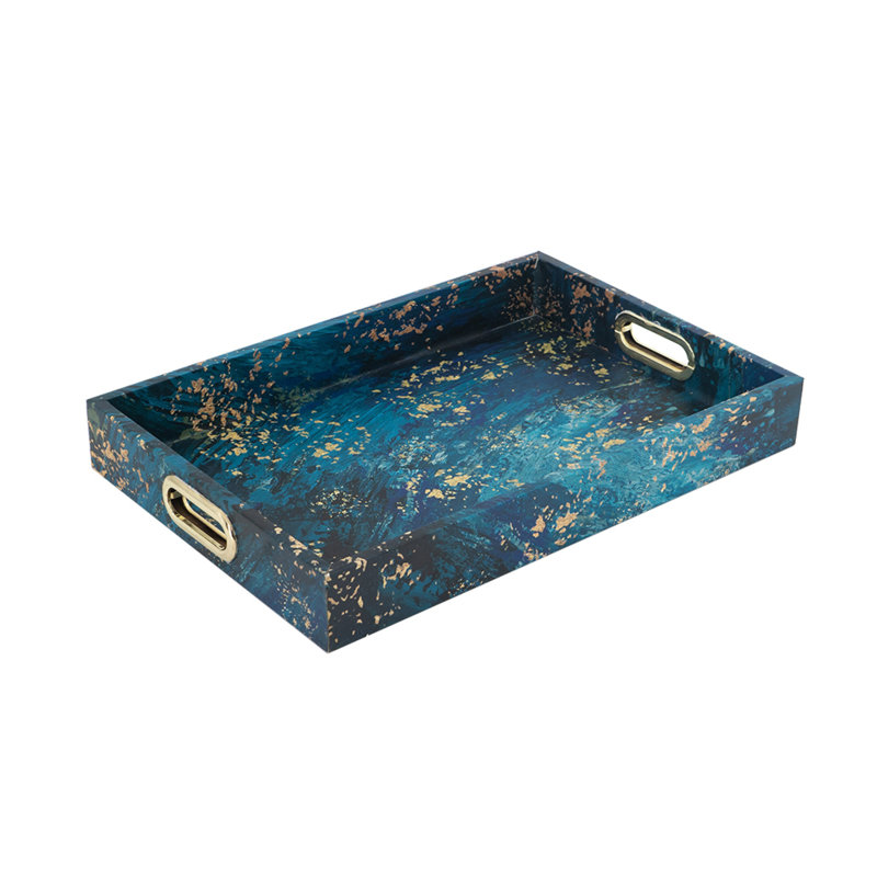 Rectangular Tray Set Of 2, Marble Design, Gold Handle, Teal Blue 16, 18 Inch