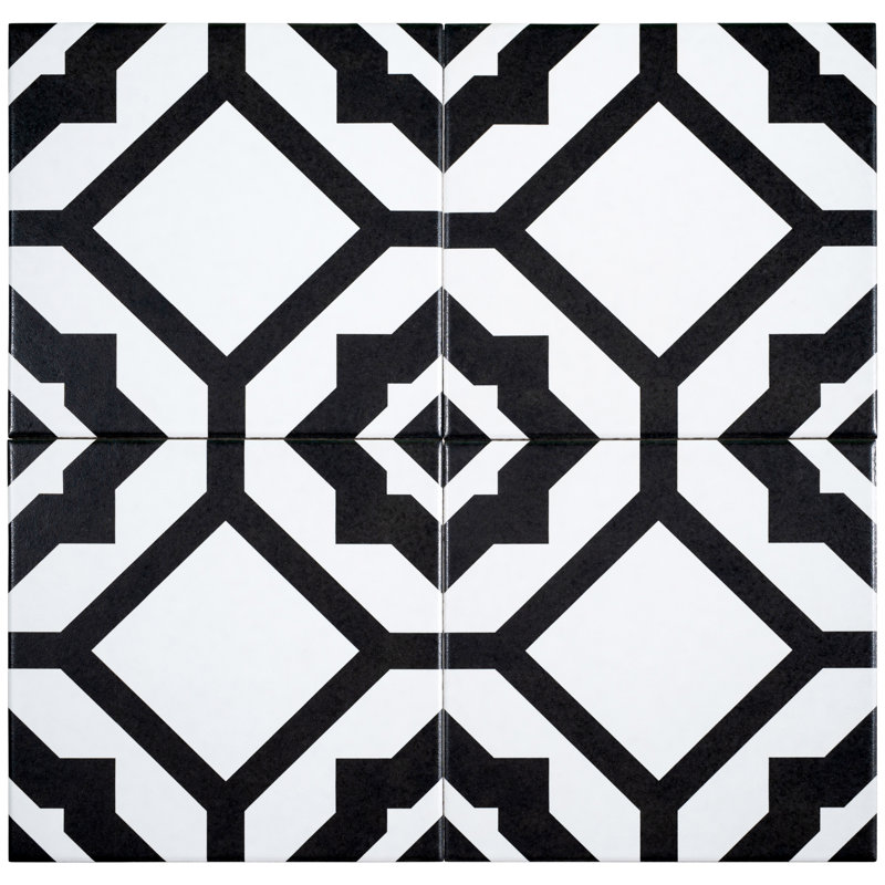 Luv Enchanted Black and White 8-in Encaustic Matte Porcelain Wall & Floor Tile