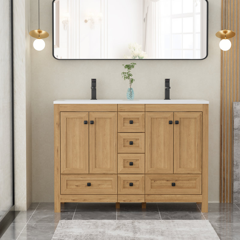 Ensemble de meuble-lavabo à double cuve 48 "avec plateau en résine, air bois naturel, assemblage requis, 48"