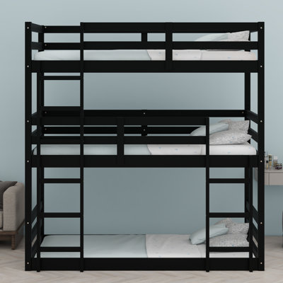 Triple Bunk Bed With Integrated Ladders, Safety Guardrails, And Detachable Design