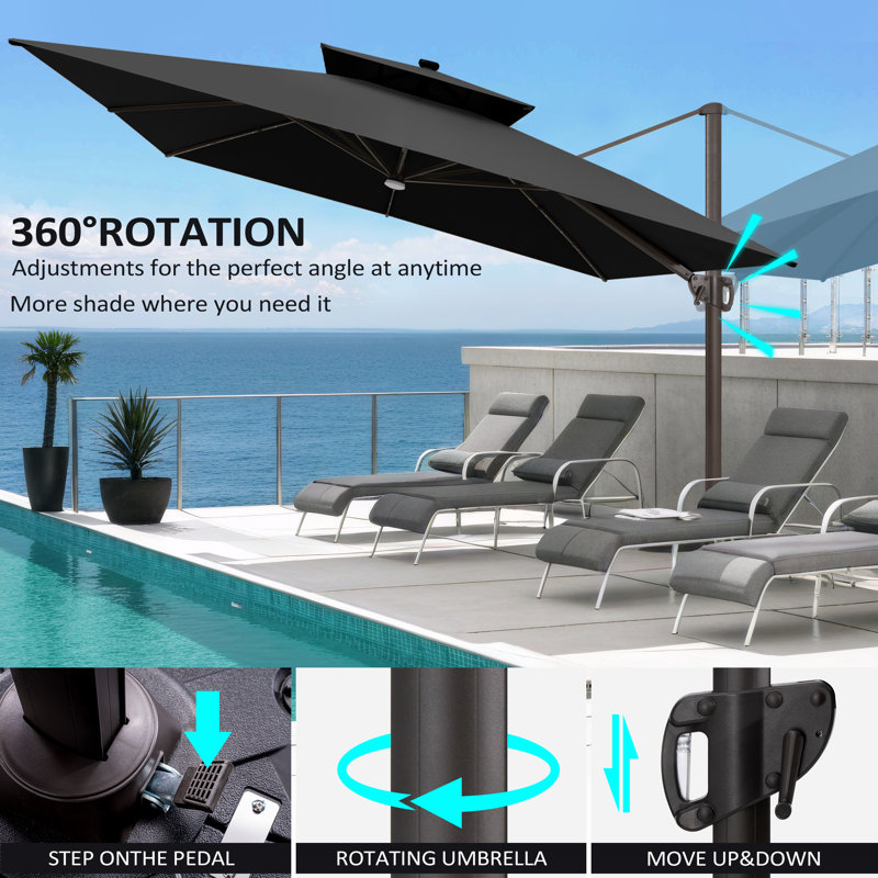 128' X 128' Square Outdoor Solar Led Cantilever Patio Umbrella without Weighted Base, Noir
