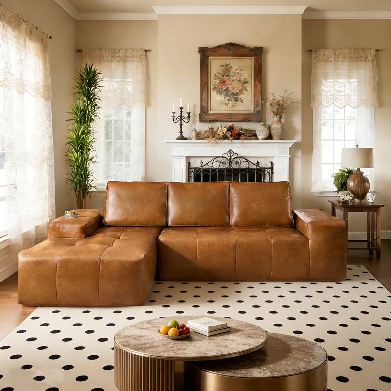 Canapé modulaire 114 po en cuir caramel, aucun assemblage requis, Orienté à gauche (vu de face)
