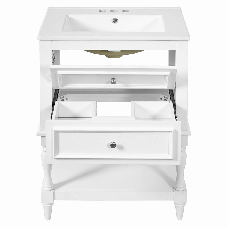 Meuble-lavabo 24 po avec lavabo en céramique, armoire de rangement avec tablette ouverte, armoire de salle de bain rétro avec 2 tiroirs